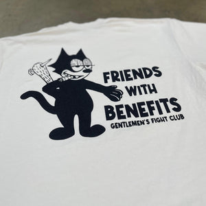 Back of Light Brown Tee with Cat holding bat with a nail in it and a cigar in it's mouth. Reads " Friends with Benefits, Gentlemen's Fight Club"