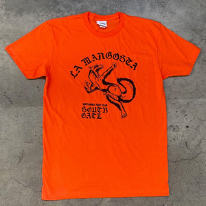 Front of Bright orange Tee with Illustration of a fighting Mongoose.  Reads "Gentlemen's Fight Club South Gate, CA"