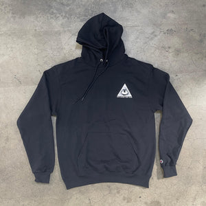 Front of black hoodie with a white printed graphic of eye in a triangle. Reads "Gentelmen's Fight Club". Sleeve has small Champion embroidery